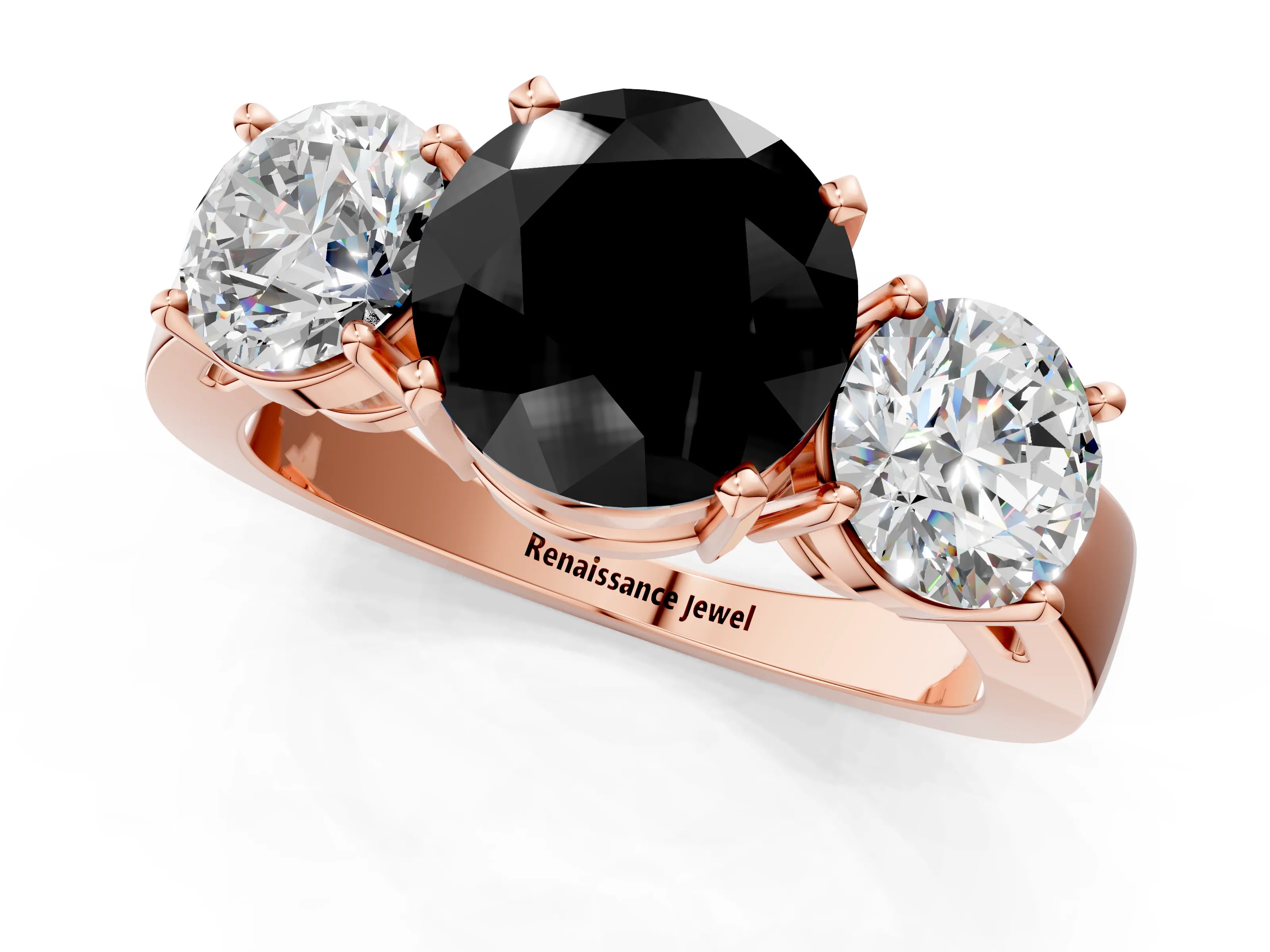 Rose gold Three-Stone Fancy Black Round Cut Diamond Ring with Round Side Stones, Classic Band, and Four-Prong Setting_1
