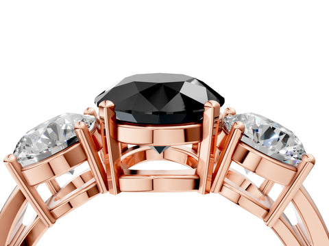 Rose gold Three-Stone Fancy Black Round Cut Diamond Ring with Round Side Stones, Classic Band, and Four-Prong Setting_4