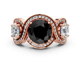 Rose gold Three-Stone Fancy Black Round Cut Diamond Wave Pave Band with Prong Setting