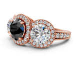 Rose gold Three-Stone Fancy Black Round Cut Halo Diamond Milgrain Band with Four-Prong Setting