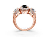 Rose gold Three-Stone Fancy Black Round Cut Halo Diamond Milgrain Band with Four-Prong Setting_3
