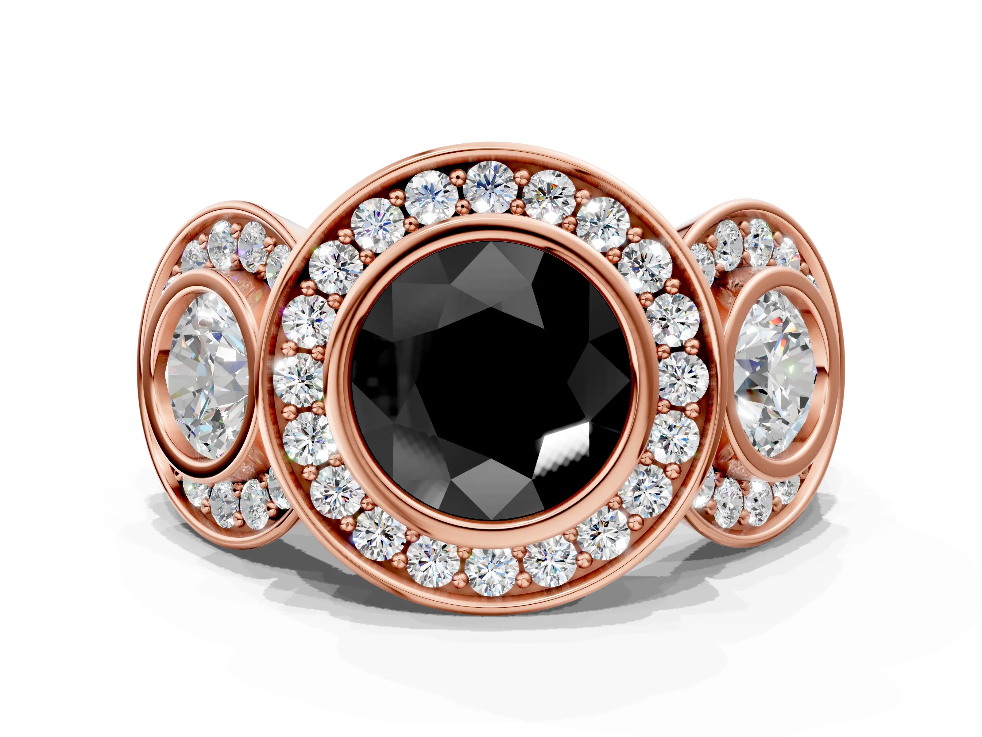 Rose gold Three-Stone Fancy Black Round Cut Halo Pavé Diamond Ring