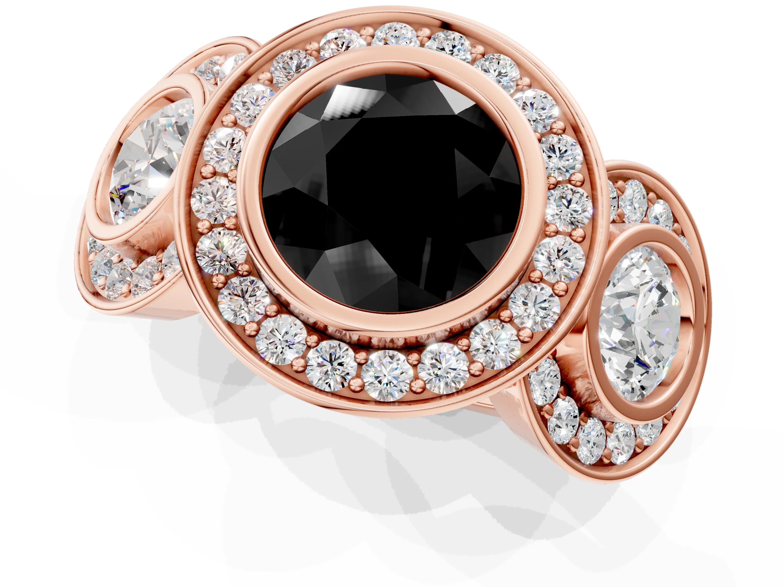 Rose gold Three-Stone Fancy Black Round Cut Halo Pavé Diamond Ring_1