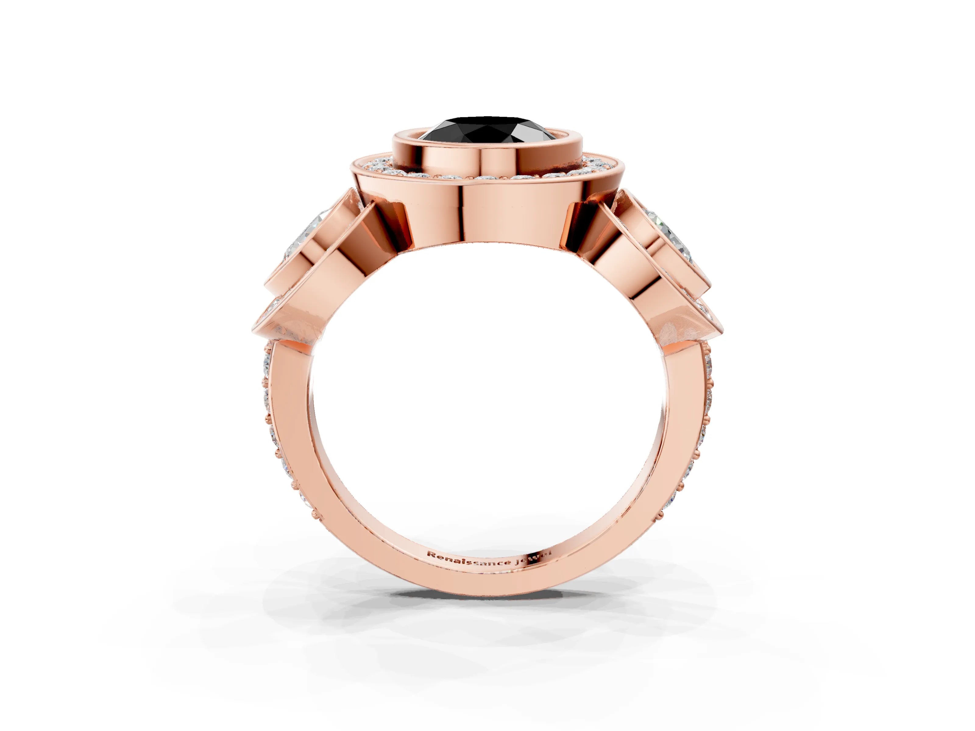 Rose gold Three-Stone Fancy Black Round Cut Halo Pavé Diamond Ring_3