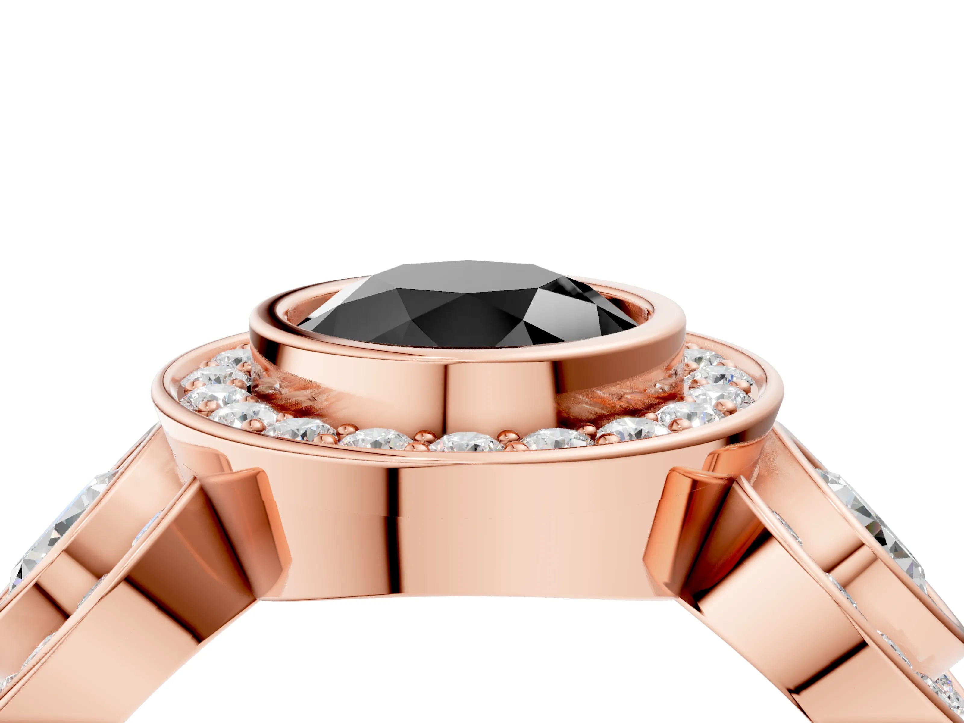 Rose gold Three-Stone Fancy Black Round Cut Halo Pavé Diamond Ring_4