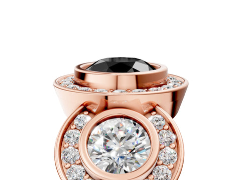 Rose gold Three-Stone Fancy Black Round Cut Halo Pavé Diamond Ring_5