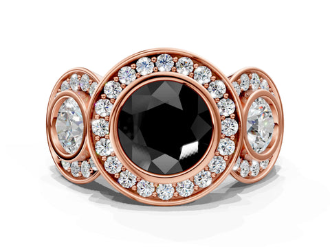 Rose gold Three-Stone Fancy Black Round Cut Halo Pavé Diamond Ring