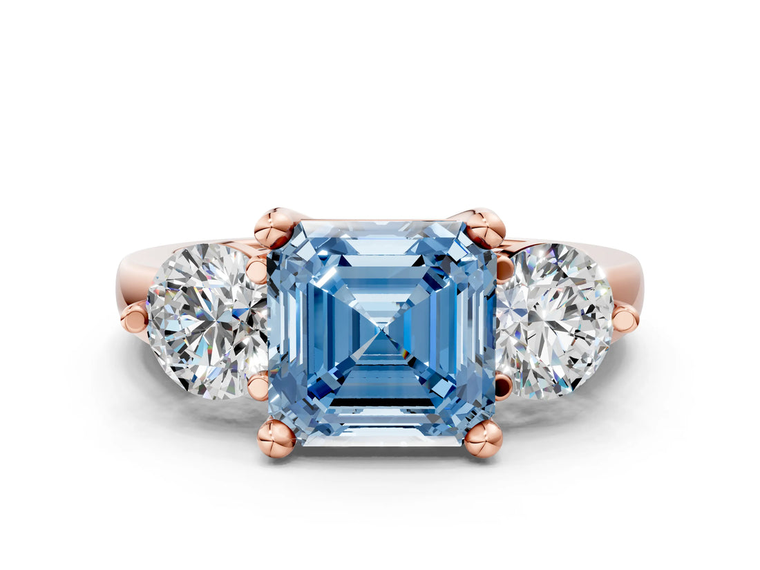 Rose gold Three-Stone Fancy Blue Asscher  Brilliant Cut Solitaire Ring with Prong Setting on a Classic Band 1