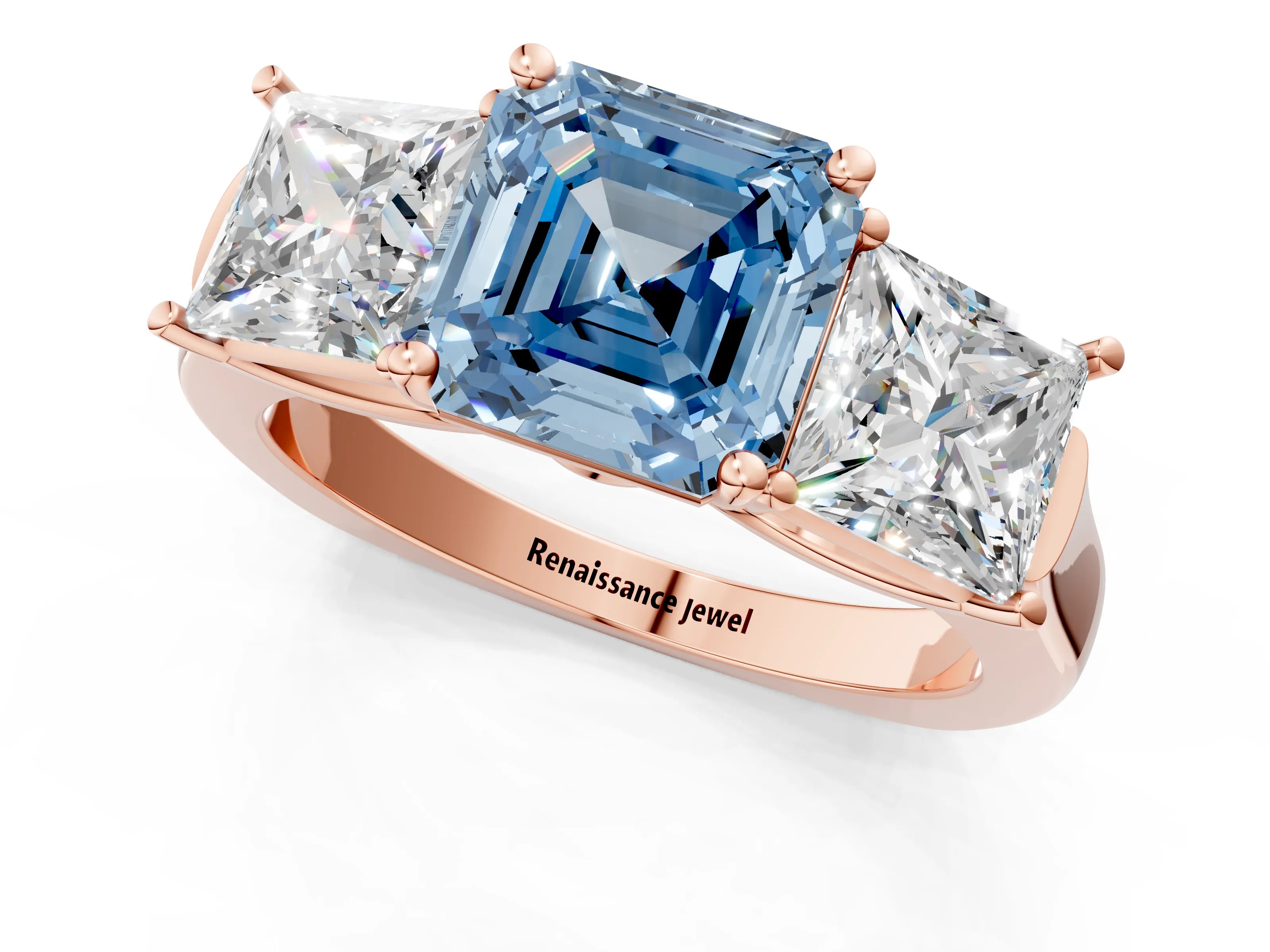 Rose gold Three-Stone Fancy Blue Asscher Cut Brilliant Diamond Trellis Ring with Comfort Fit Band_1