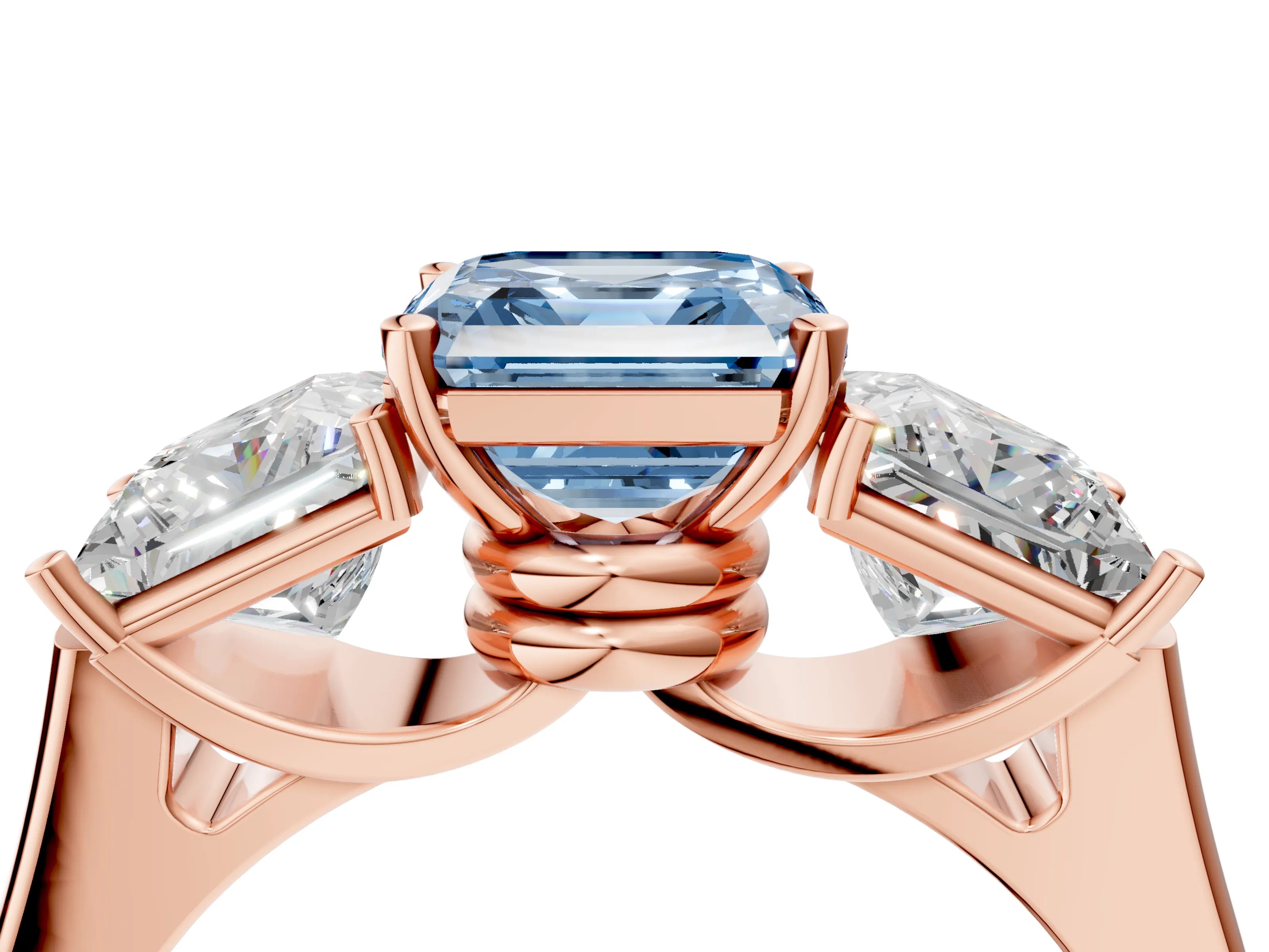 Rose gold Three-Stone Fancy Blue Asscher Cut Brilliant Diamond Trellis Ring with Comfort Fit Band_4