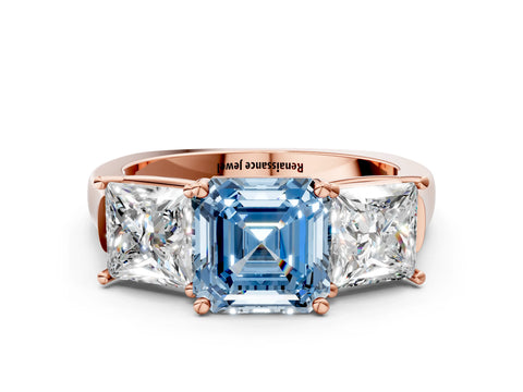 Rose gold Three-Stone Fancy Blue Asscher Cut Brilliant Diamond Trellis Ring with Comfort Fit Band