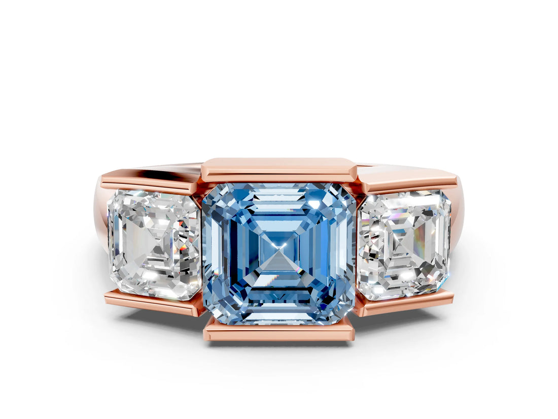 Rose gold Three Stone Fancy Blue Asscher Cut Cut Channel Set Diamond Ring