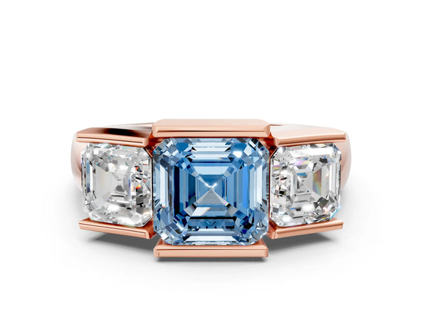 Rose Gold Asscher Cut Channel Set Three Stone Engagement Ring Setting for Fancy Blue Center