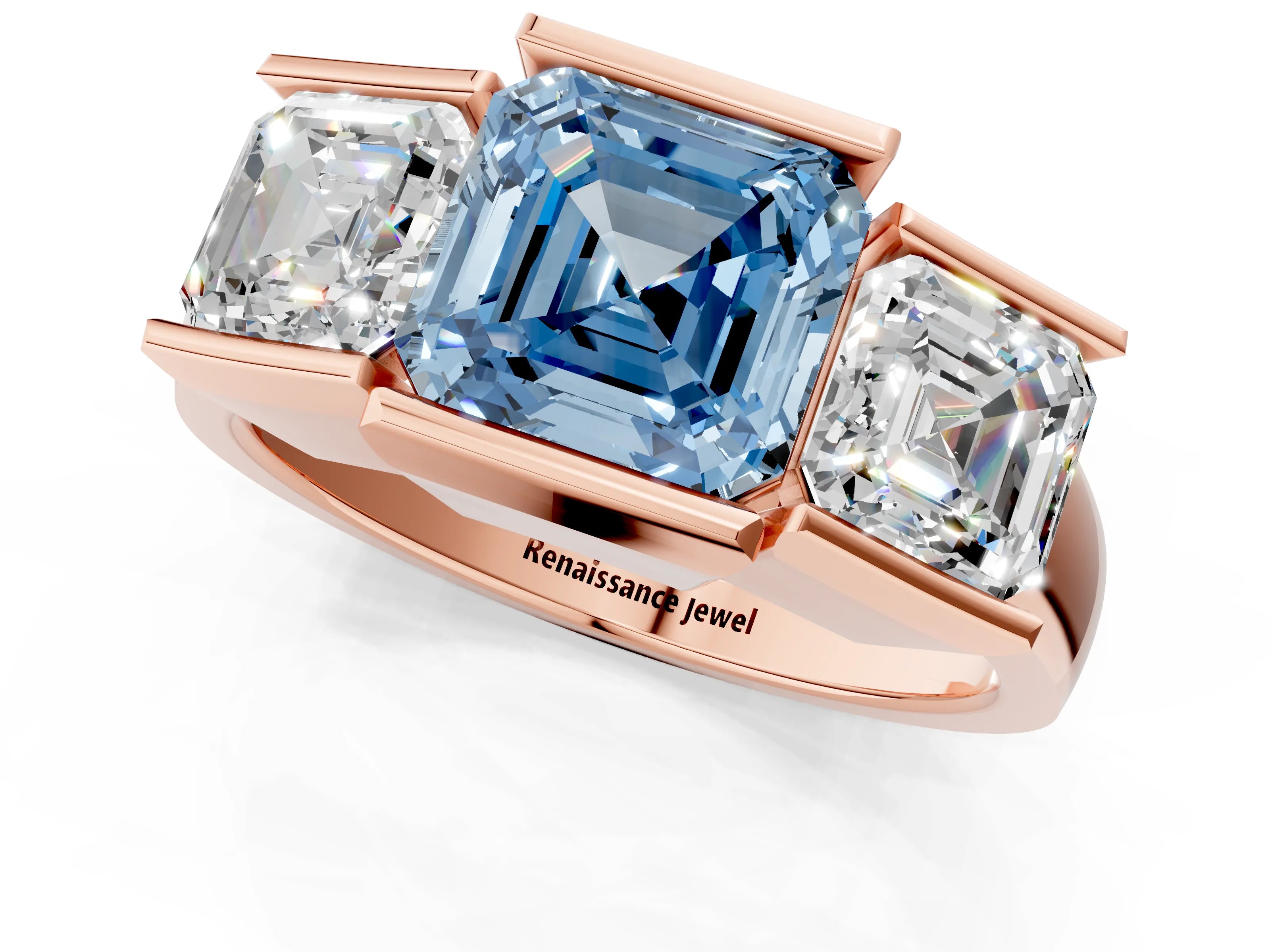 Rose gold Three Stone Fancy Blue Asscher Cut Cut Channel Set Diamond Ring_1