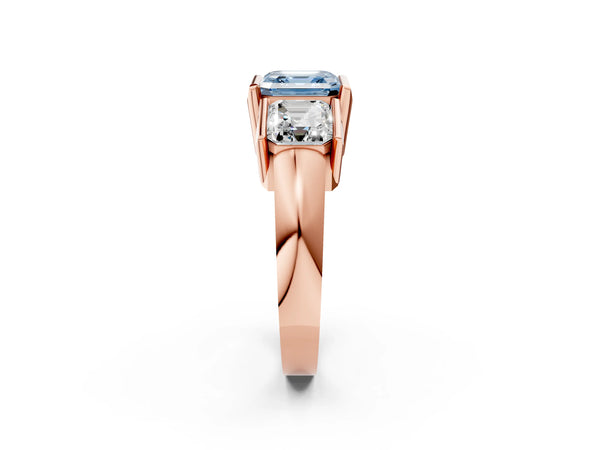 Rose Gold Asscher Cut Channel Set Three Stone Engagement Ring Setting for Fancy Blue Center