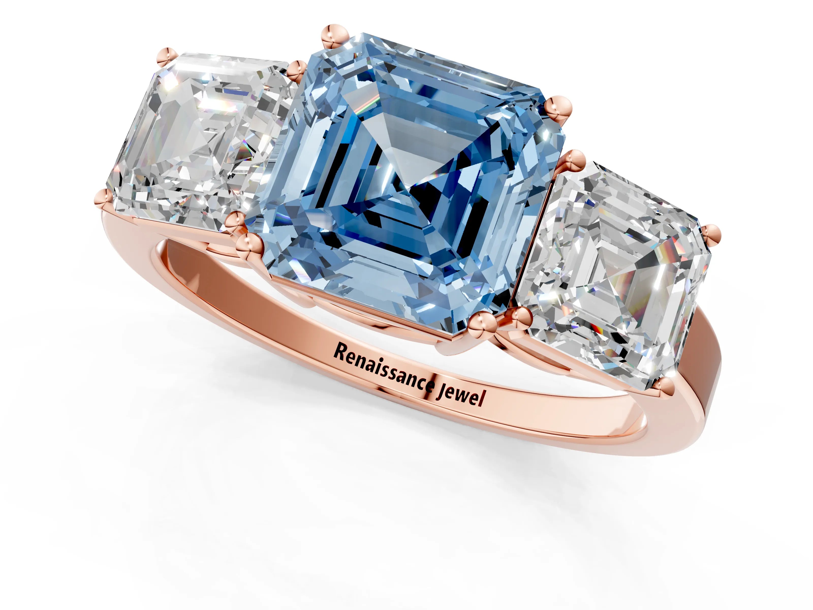Rose gold Three-Stone Fancy Blue Asscher Cut Cut Diamond Engagement Ring with Flat Band and Four-Prong Setting_1