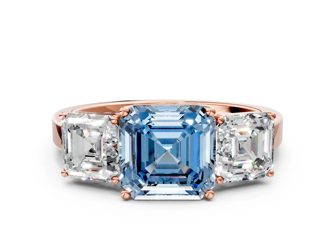 Rose gold Three-Stone Fancy Blue Asscher Cut Cut Diamond Engagement Ring with Flat Band and Four-Prong Setting_12