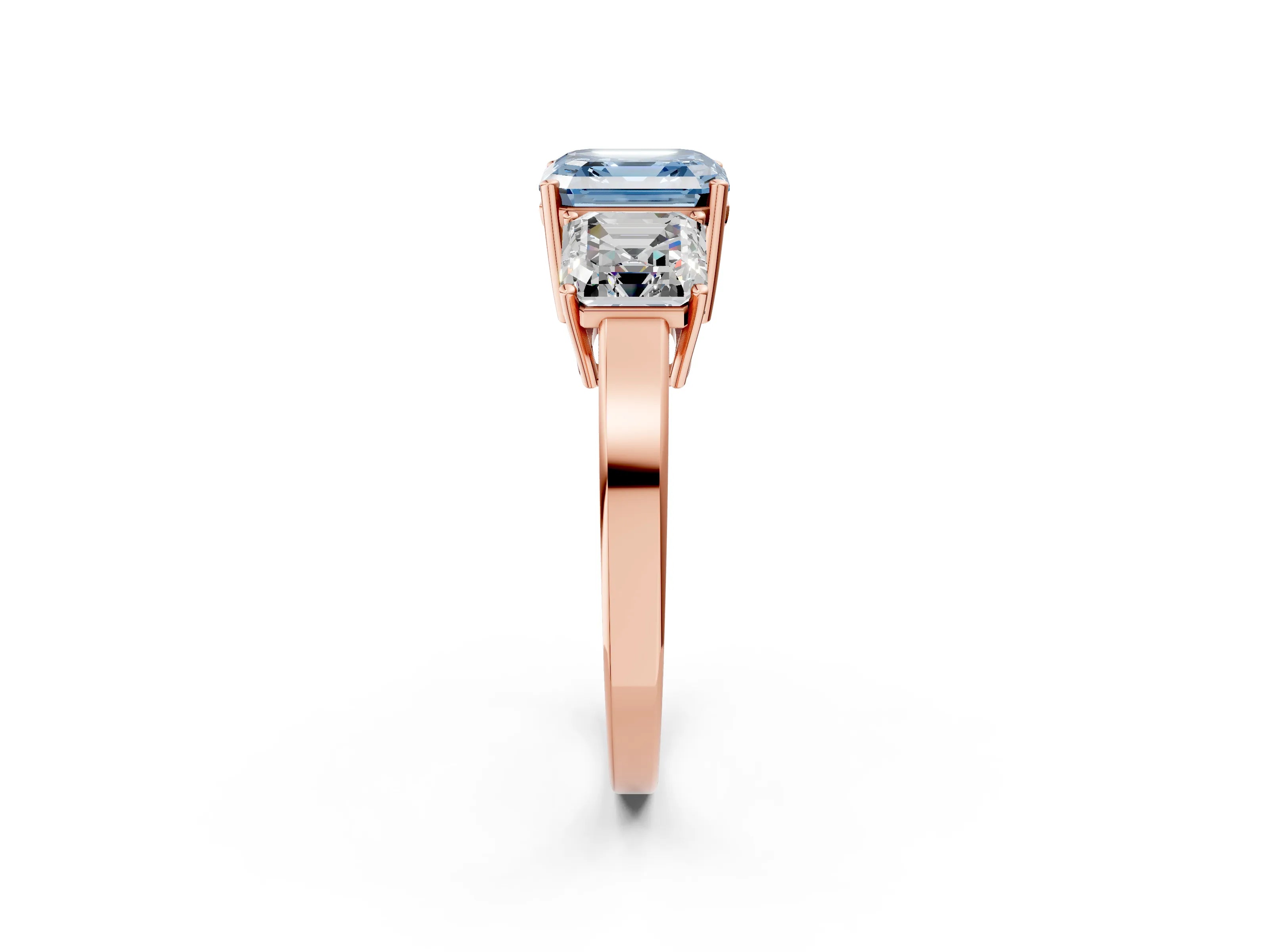 Rose gold Three-Stone Fancy Blue Asscher Cut Cut Diamond Engagement Ring with Flat Band and Four-Prong Setting_14