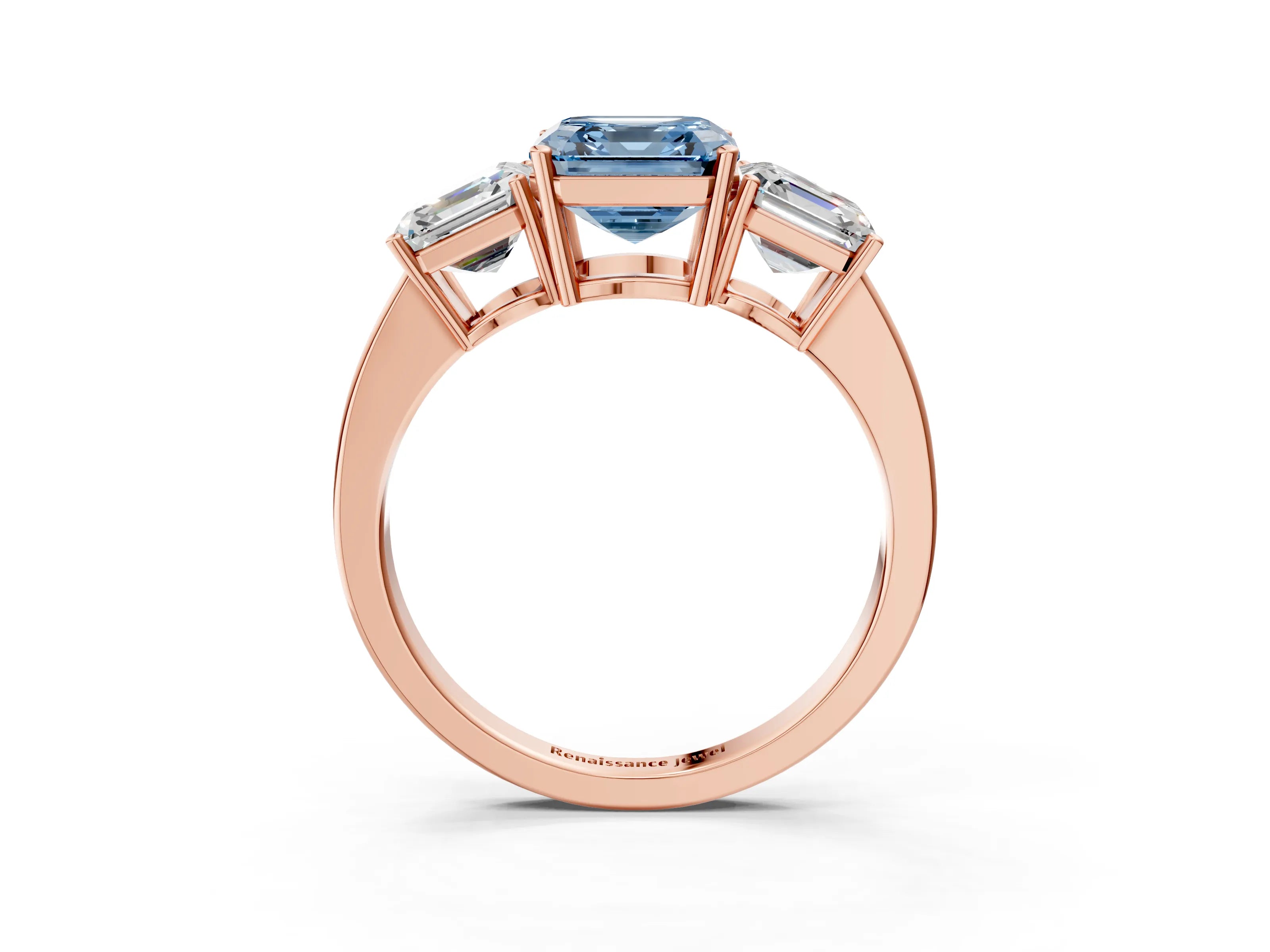 Rose gold Three-Stone Fancy Blue Asscher Cut Cut Diamond Engagement Ring with Flat Band and Four-Prong Setting_15