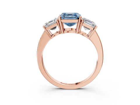 Rose gold Three-Stone Fancy Blue Asscher Cut Cut Diamond Engagement Ring with Flat Band and Four-Prong Setting_3
