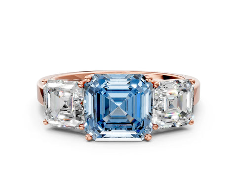 Rose gold Three-Stone Fancy Blue Asscher Cut Cut Diamond Engagement Ring with Flat Band and Four-Prong Setting