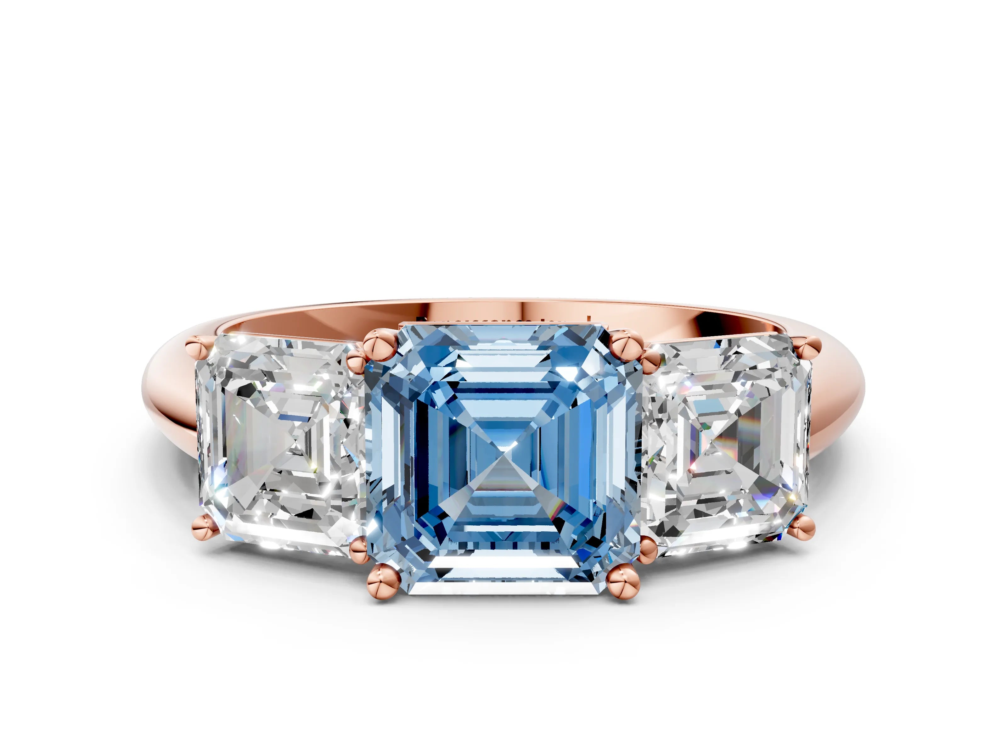 Rose gold Three-Stone Fancy Blue Asscher Cut Cut Diamond Engagement Ring with Prong Setting on a White Gold Band