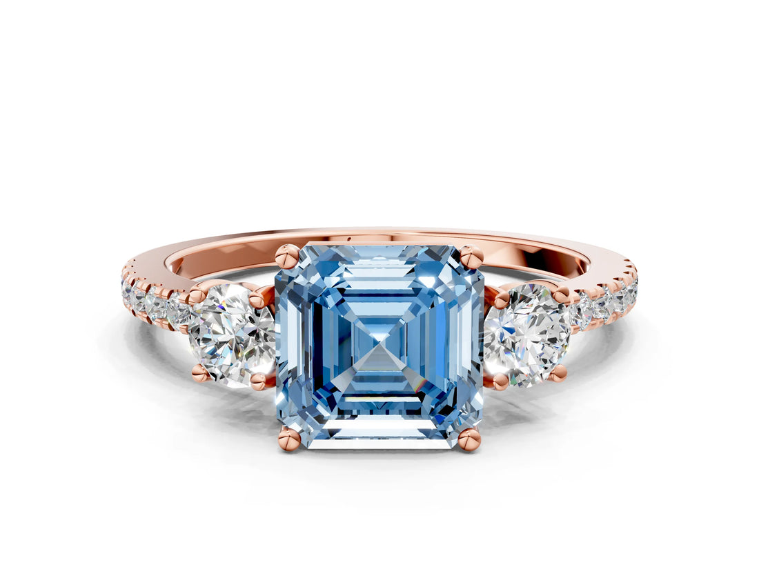 Rose gold Three-Stone Fancy Blue Asscher Cut Cut Diamond Pavé Band with Prong Setting_15