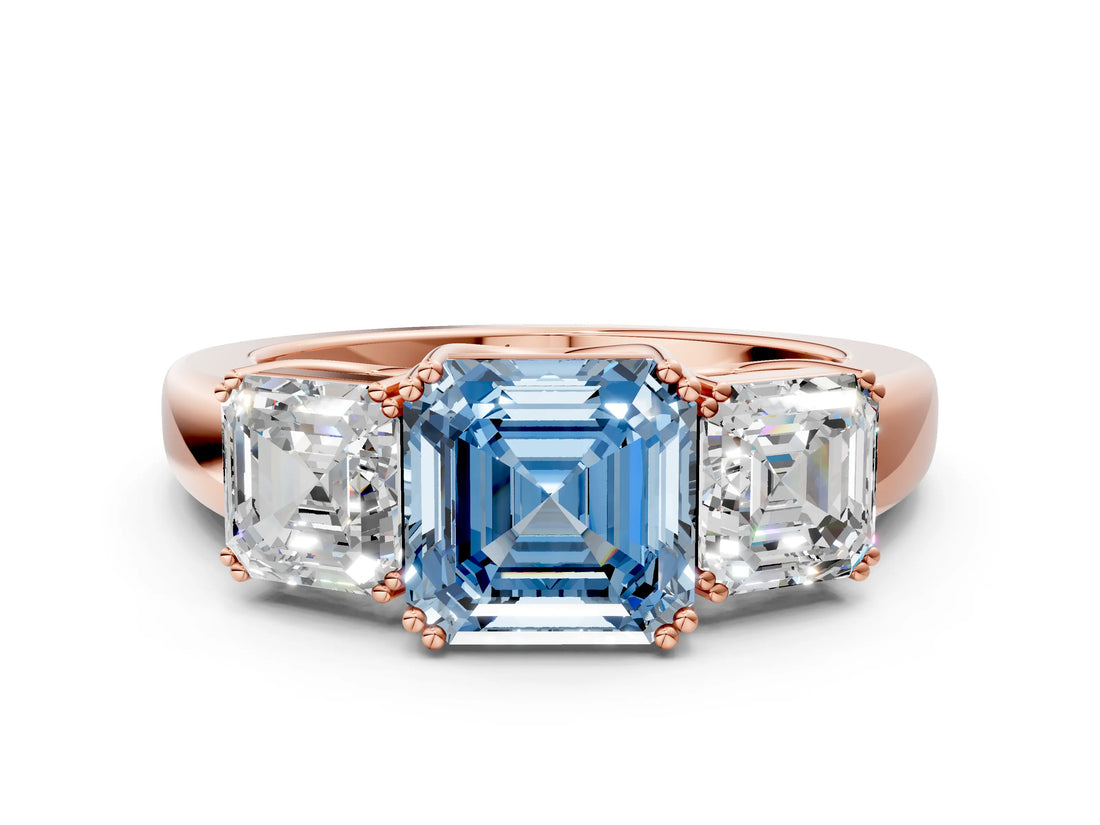 Rose gold Three-Stone Fancy Blue Asscher Cut Cut Diamond Ring with Channel Set Band and Four-Prong Setting_24