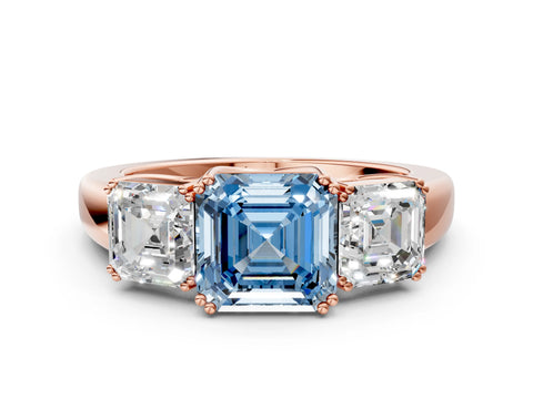 Rose gold Three-Stone Fancy Blue Asscher Cut Cut Diamond Ring with Channel Set Band and Four-Prong Setting