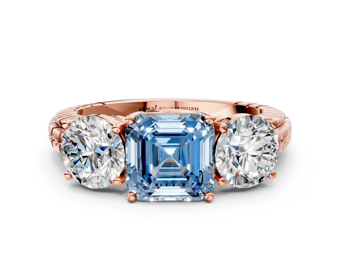 Rose gold Three-Stone Fancy Blue Asscher Cut Cut Diamond Ring with Channel-Set Band and Prong Setting_12