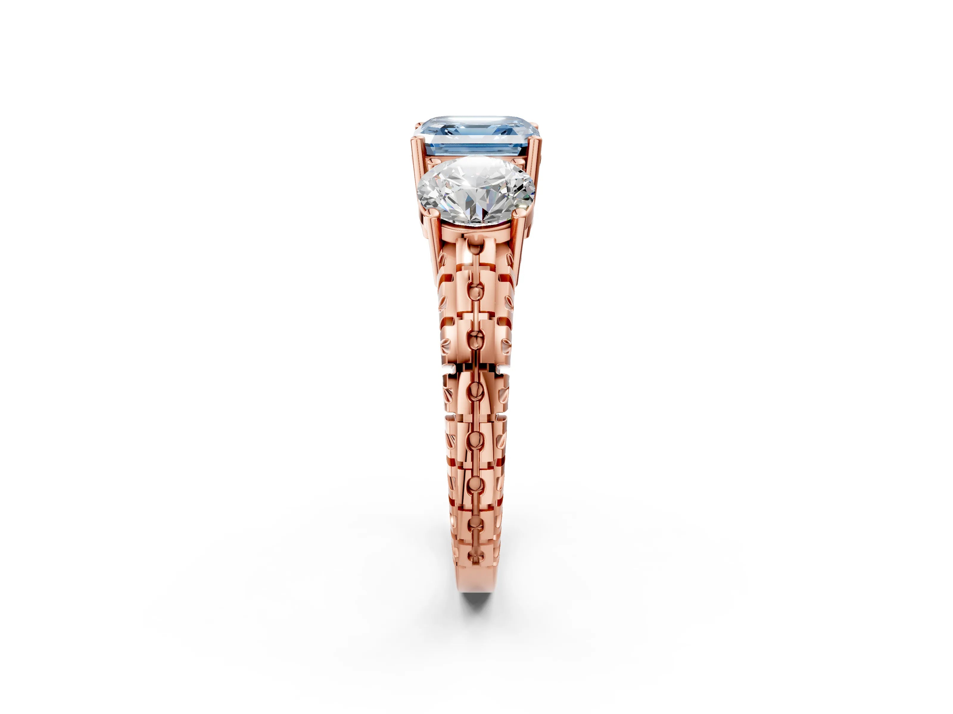 Rose gold Three-Stone Fancy Blue Asscher Cut Cut Diamond Ring with Channel-Set Band and Prong Setting_2
