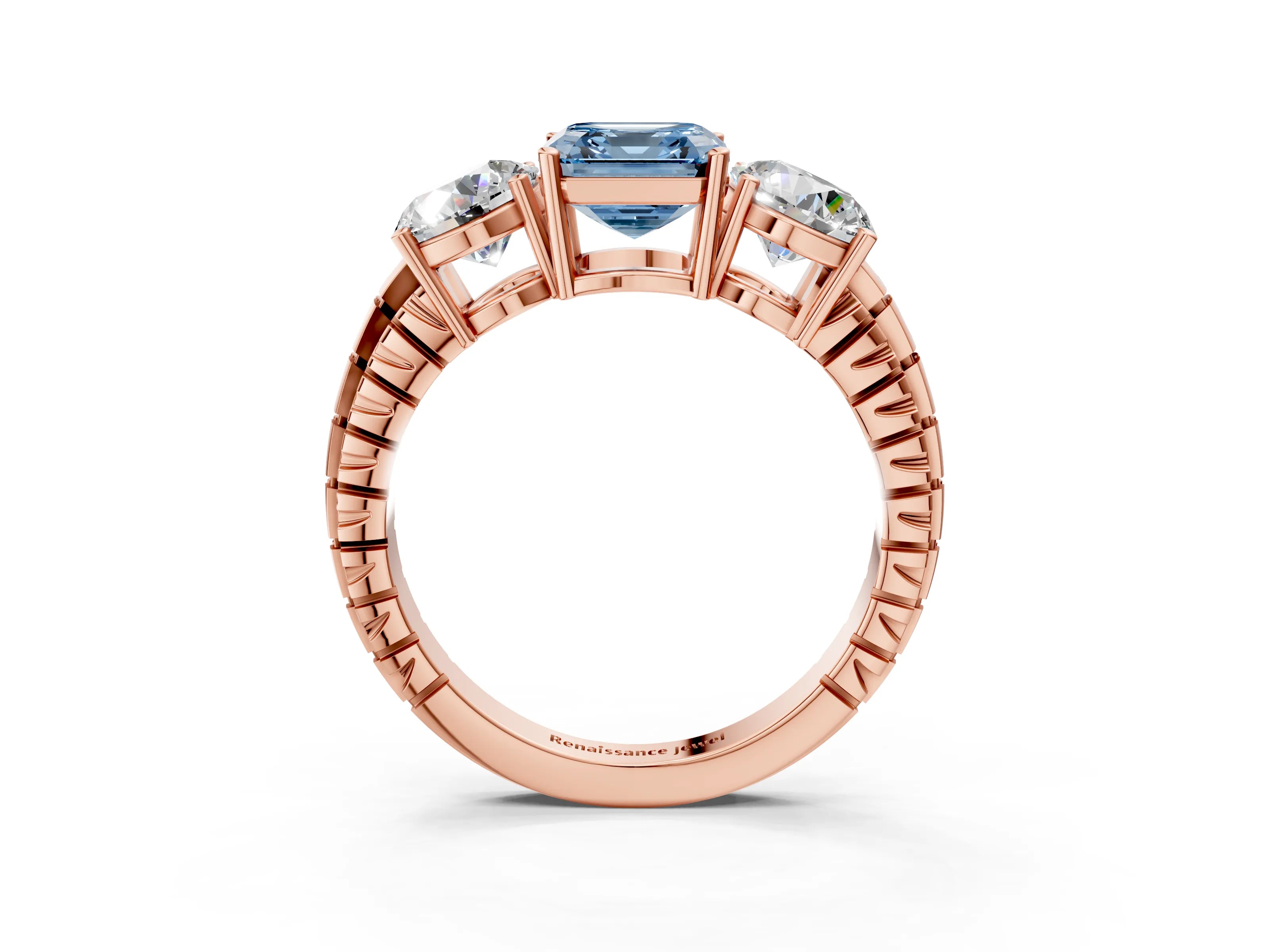 Rose gold Three-Stone Fancy Blue Asscher Cut Cut Diamond Ring with Channel-Set Band and Prong Setting_3