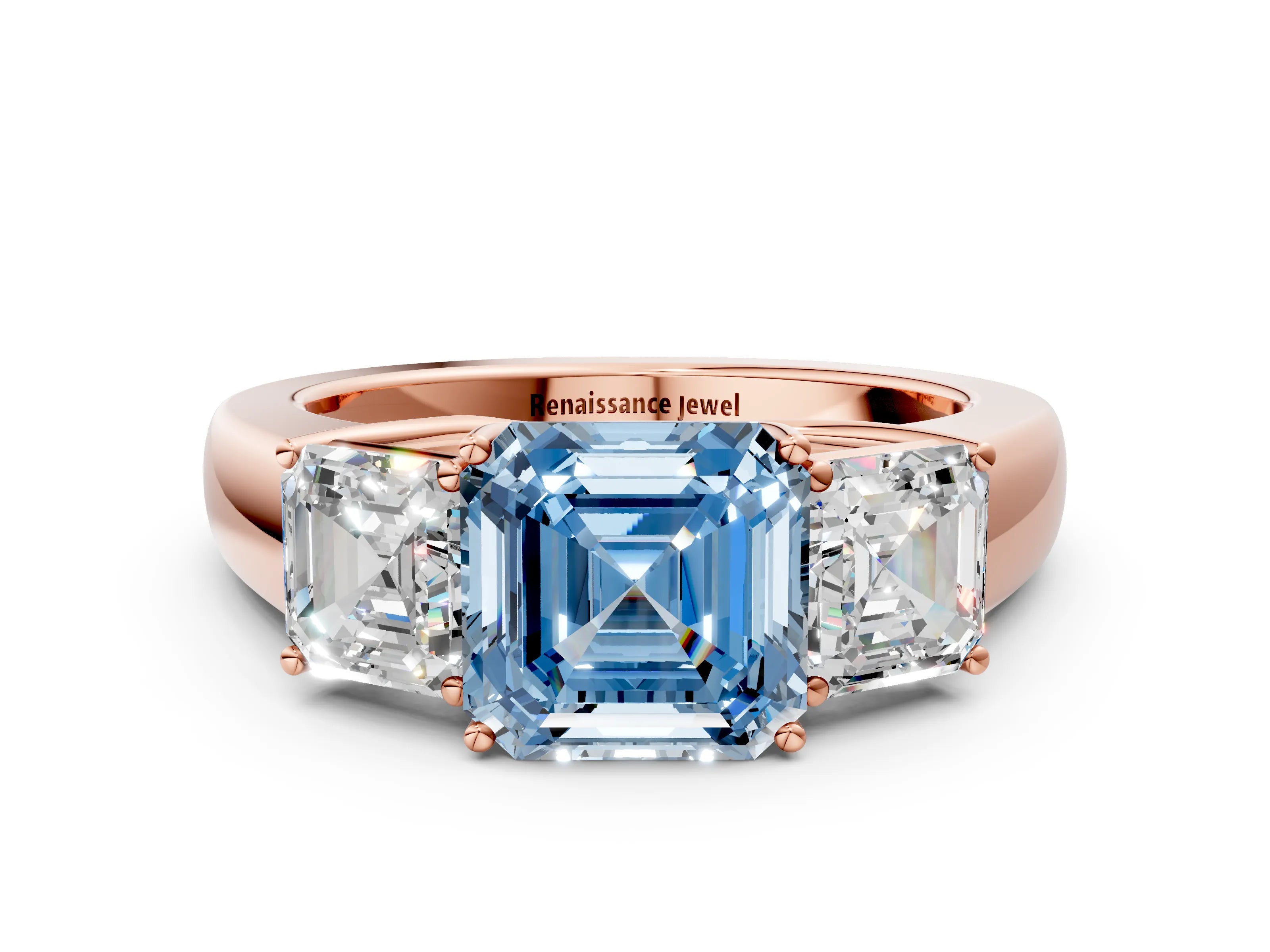 Rose gold Three-Stone Fancy Blue Asscher Cut Cut Diamond Ring with Prong Setting and Classic Band