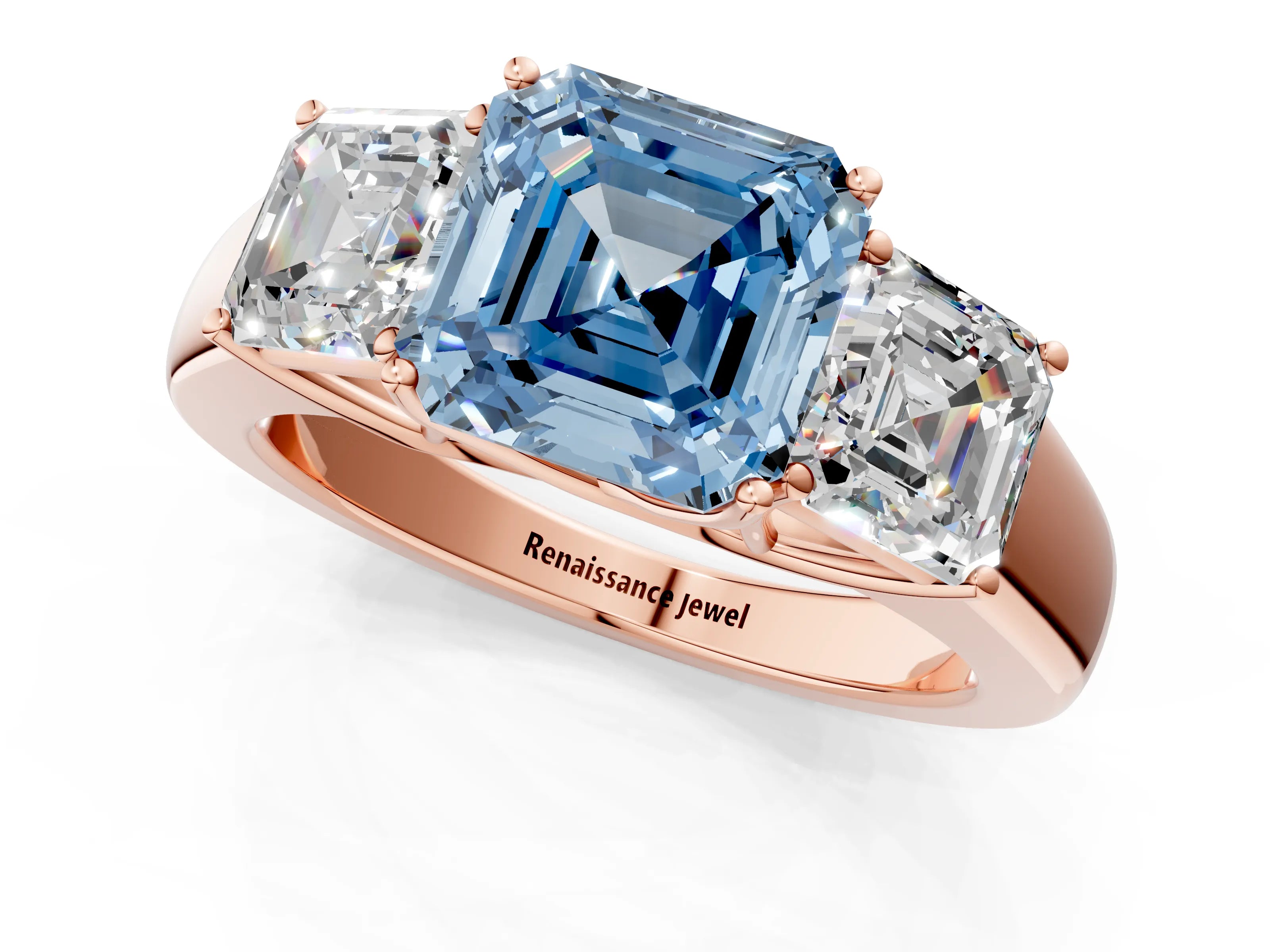 Rose gold Three-Stone Fancy Blue Asscher Cut Cut Diamond Ring with Prong Setting and Classic Band_1