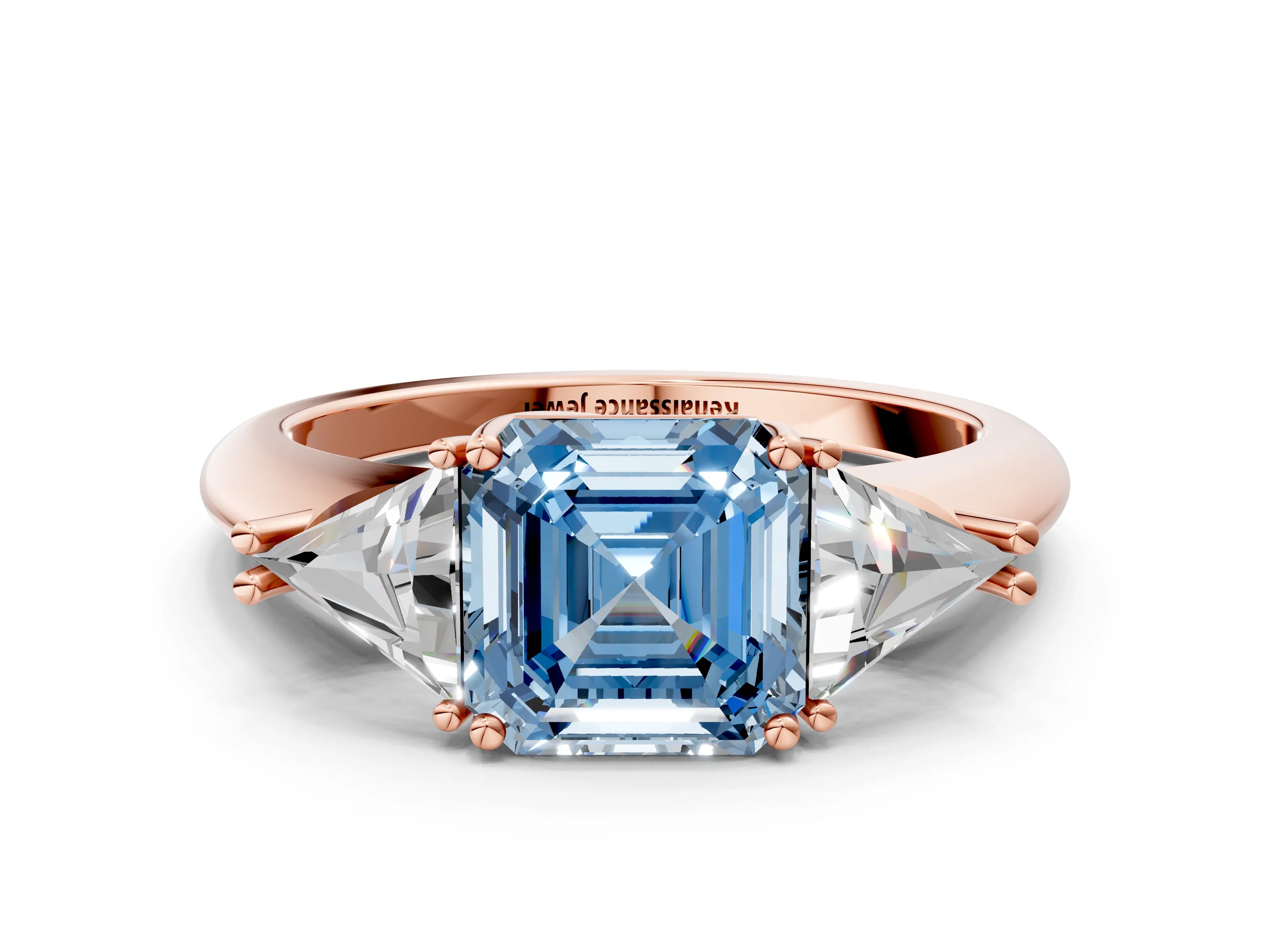 Rose gold Three-Stone Fancy Blue Asscher Cut Cut Diamond Ring with Trillion Side Stones and Four-Prong Setting_3