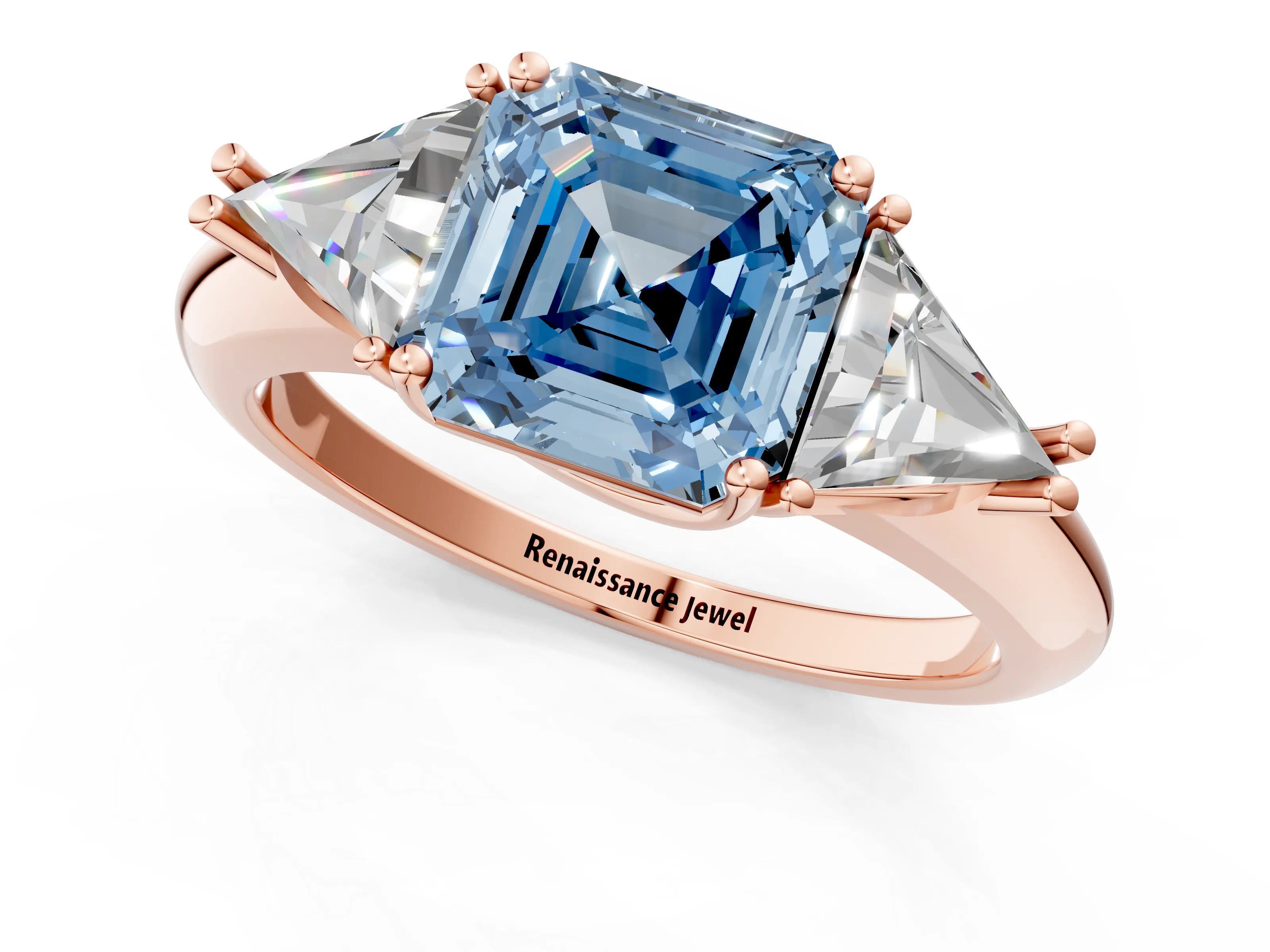 Rose gold Three-Stone Fancy Blue Asscher Cut Cut Diamond Ring with Trillion Side Stones and Four-Prong Setting_4