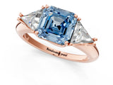 Rose gold Three-Stone Fancy Blue Asscher Cut Cut Diamond Ring with Trillion Side Stones and Four-Prong Setting_4