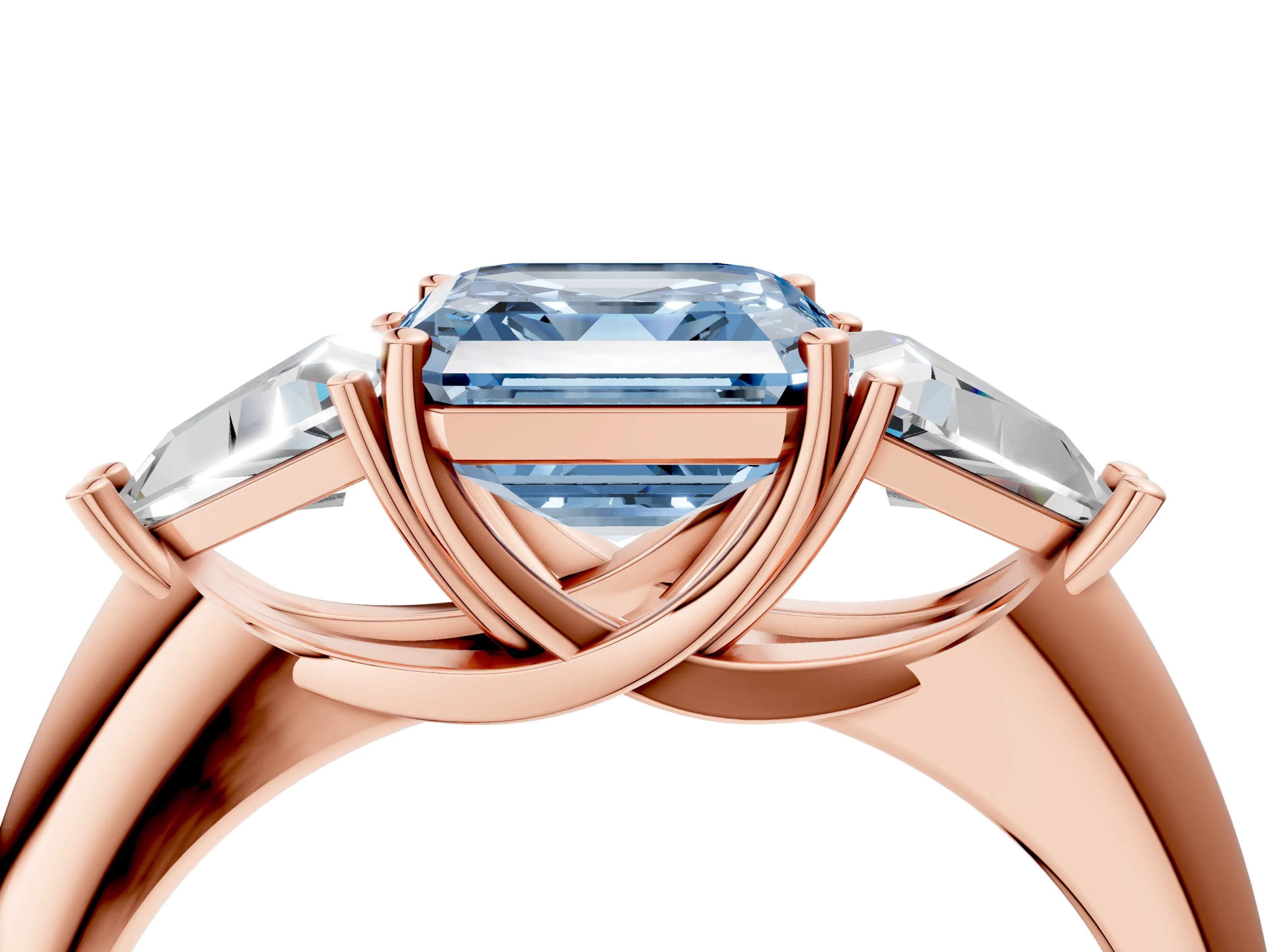 Rose gold Three-Stone Fancy Blue Asscher Cut Cut Diamond Ring with Trillion Side Stones and Four-Prong Setting_7
