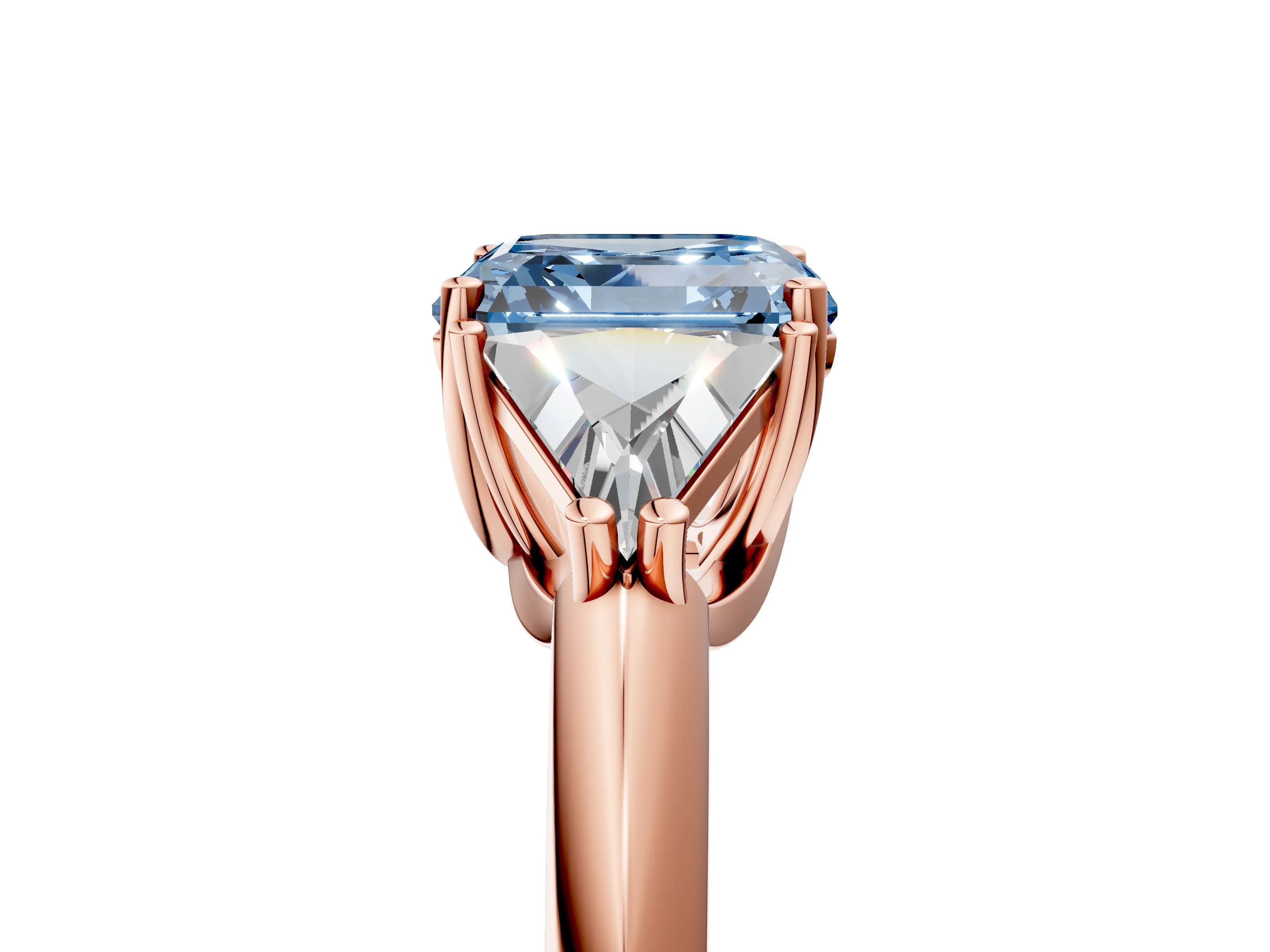 Rose gold Three-Stone Fancy Blue Asscher Cut Cut Diamond Ring with Trillion Side Stones and Four-Prong Setting_8
