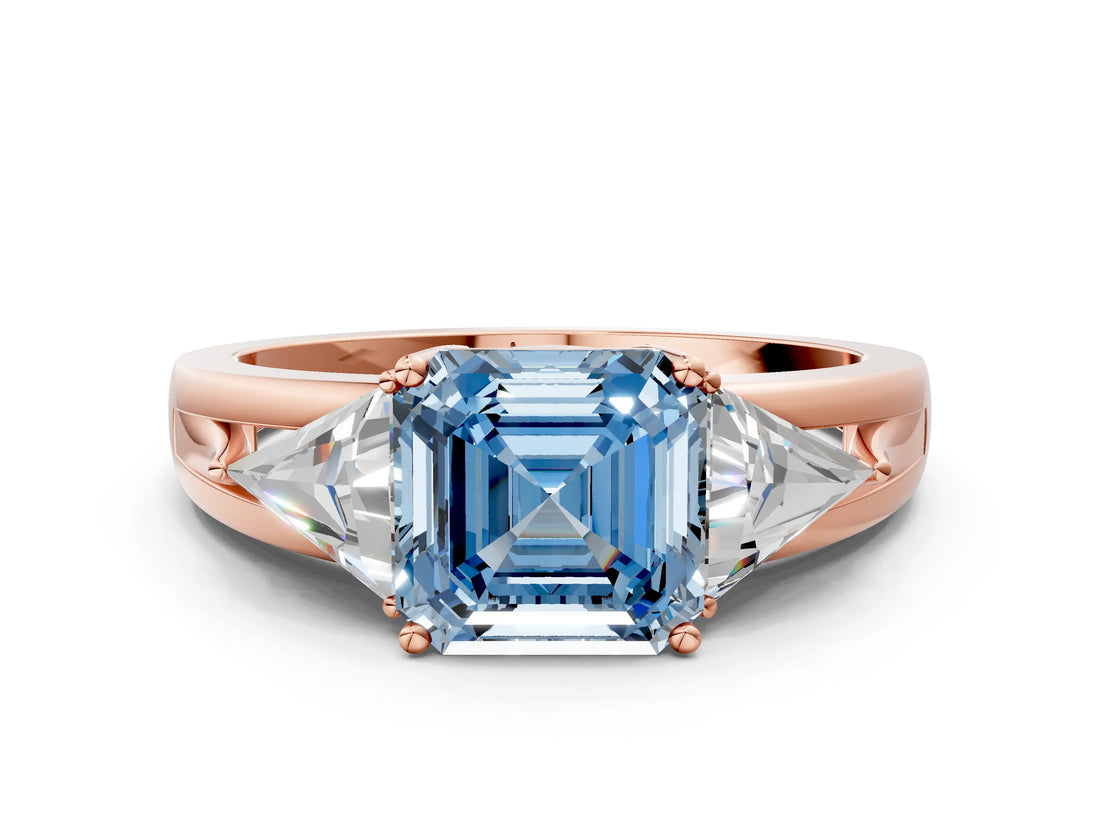 Rose gold Three-Stone Fancy Blue Asscher Cut Cut Diamond Ring with Trillion Side Stones on a Split Shank Band