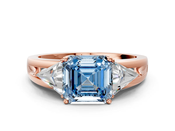 Rose Gold Asscher Cut Split Shank Three Stone Engagement Ring Setting for Fancy Blue Center