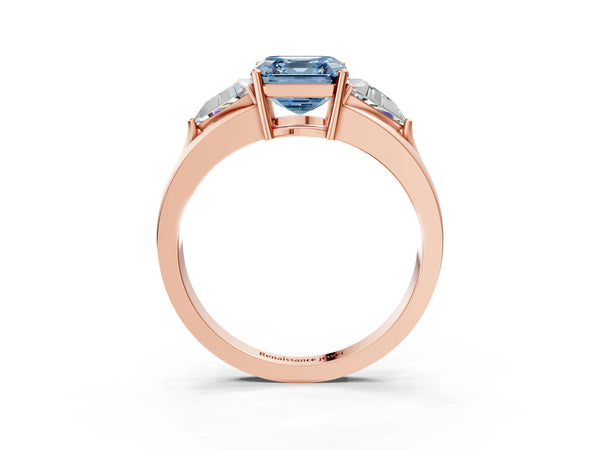 Rose Gold Asscher Cut Split Shank Three Stone Engagement Ring Setting for Fancy Blue Center