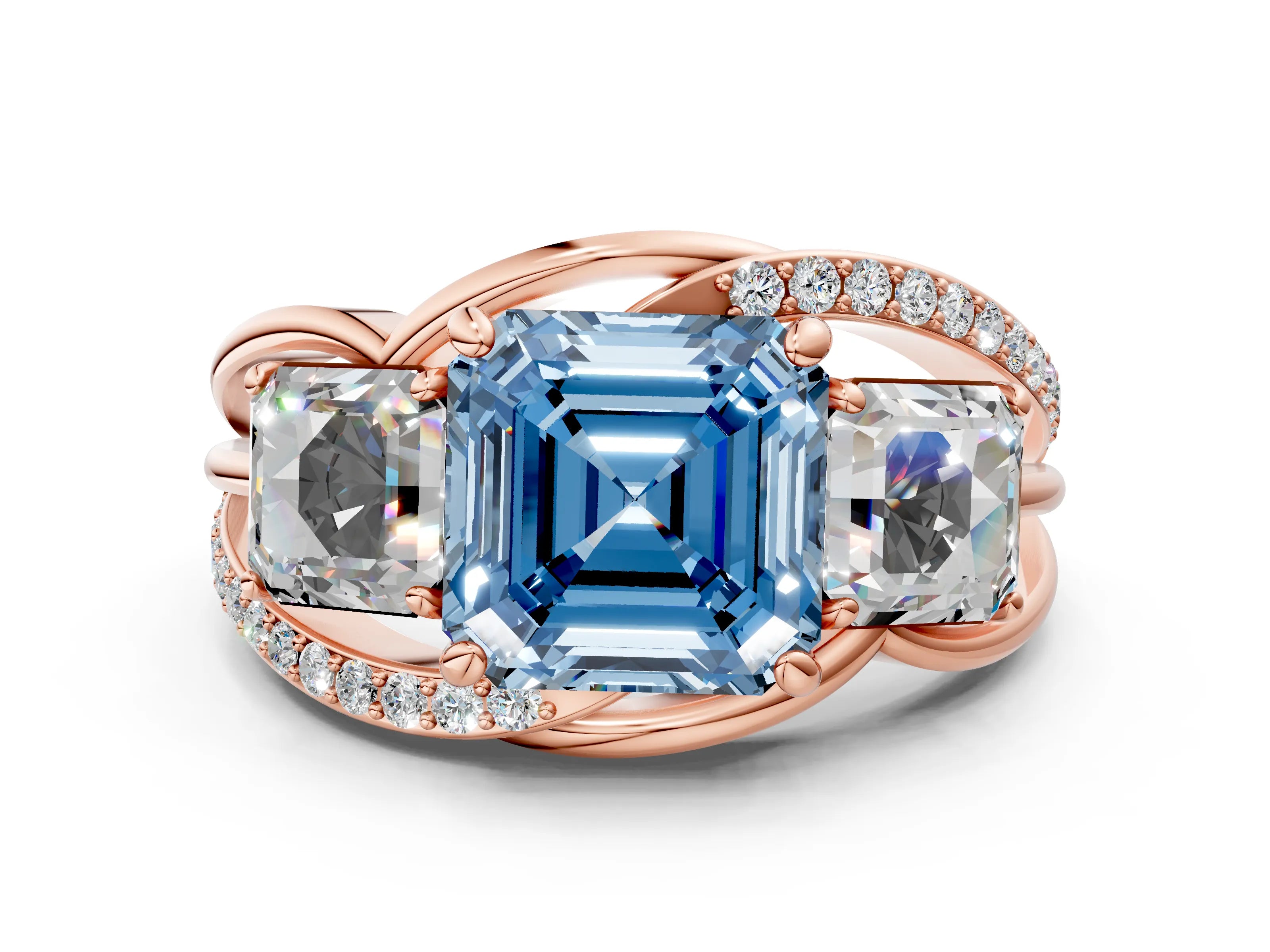 Rose gold Three-Stone Fancy Blue Asscher Cut Cut Diamond Split Shank Prong Set Ring