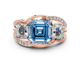 Rose gold Three-Stone Fancy Blue Asscher Cut Cut Diamond Split Shank Prong Set Ring