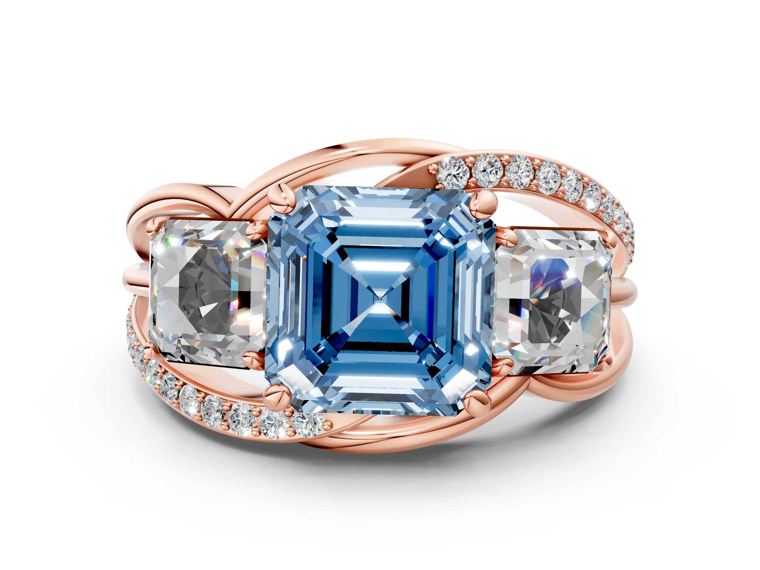 Rose gold Three-Stone Fancy Blue Asscher Cut Cut Diamond Split Shank Prong Set Ring_12