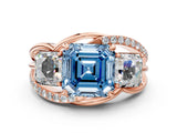 Rose gold Three-Stone Fancy Blue Asscher Cut Cut Diamond Split Shank Prong Set Ring_12