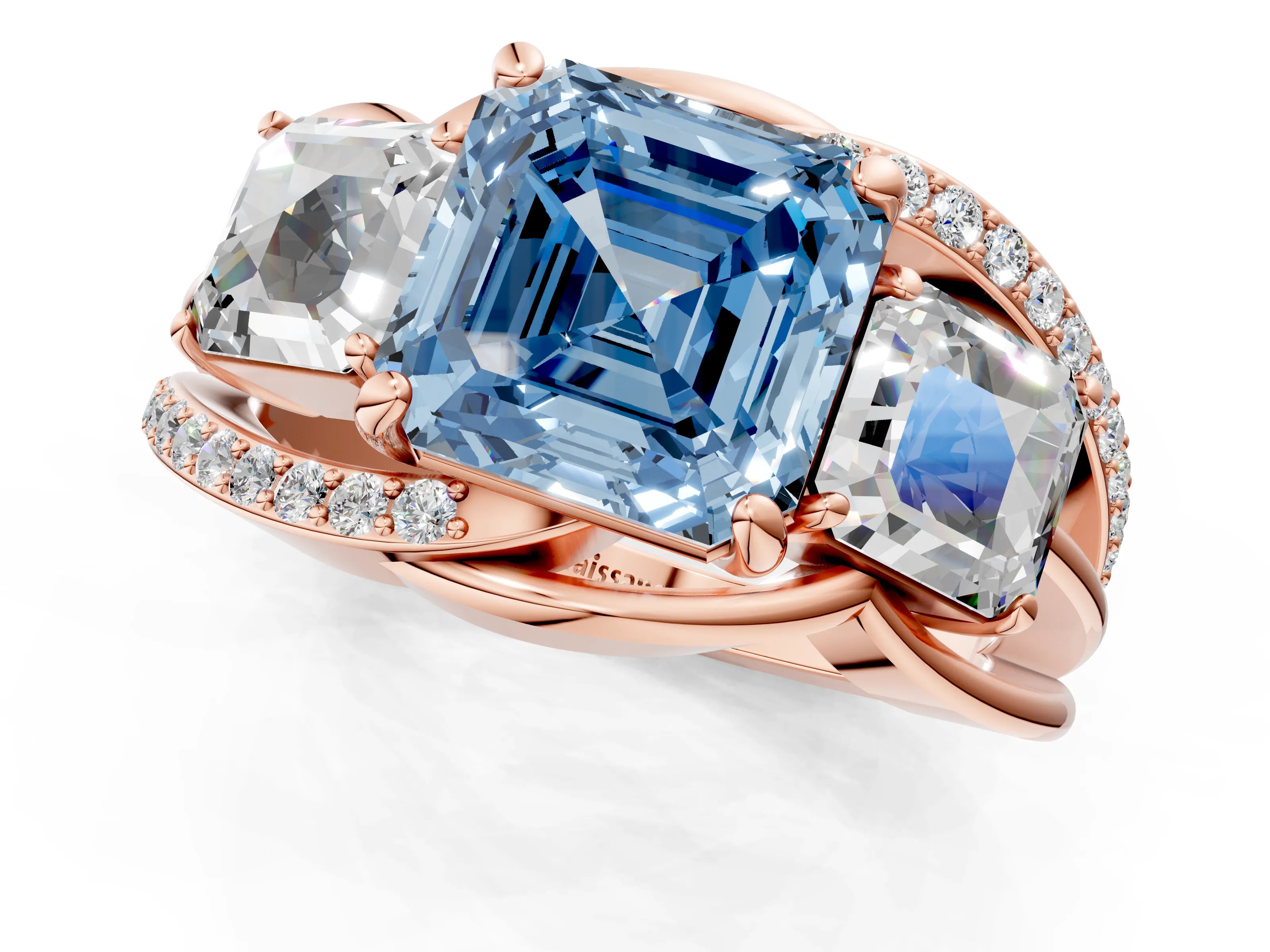 Rose gold Three-Stone Fancy Blue Asscher Cut Cut Diamond Split Shank Prong Set Ring_13