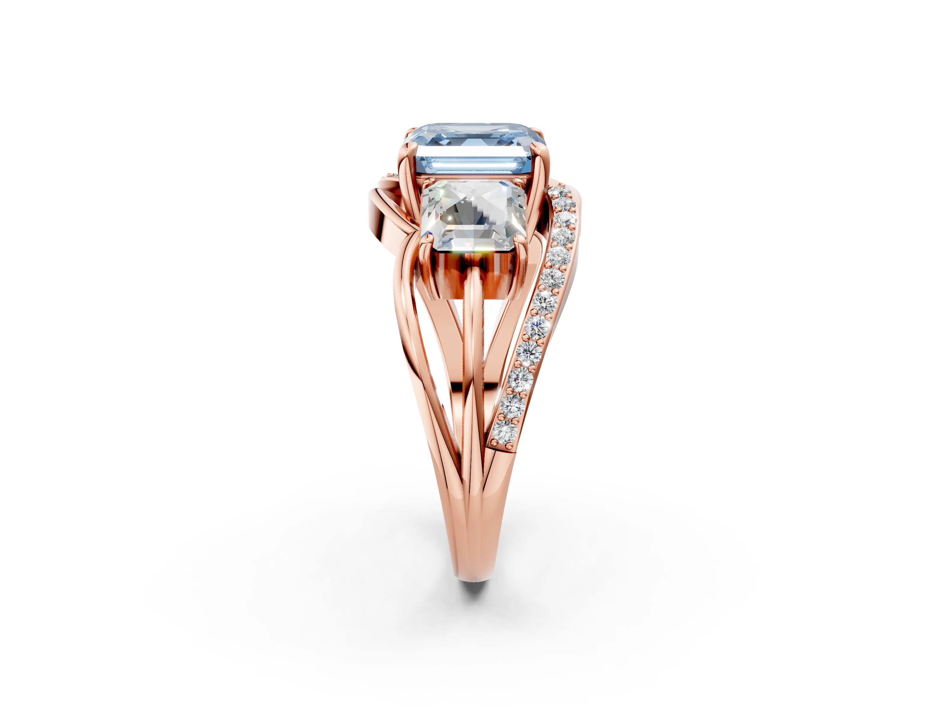 Rose gold Three-Stone Fancy Blue Asscher Cut Cut Diamond Split Shank Prong Set Ring_14