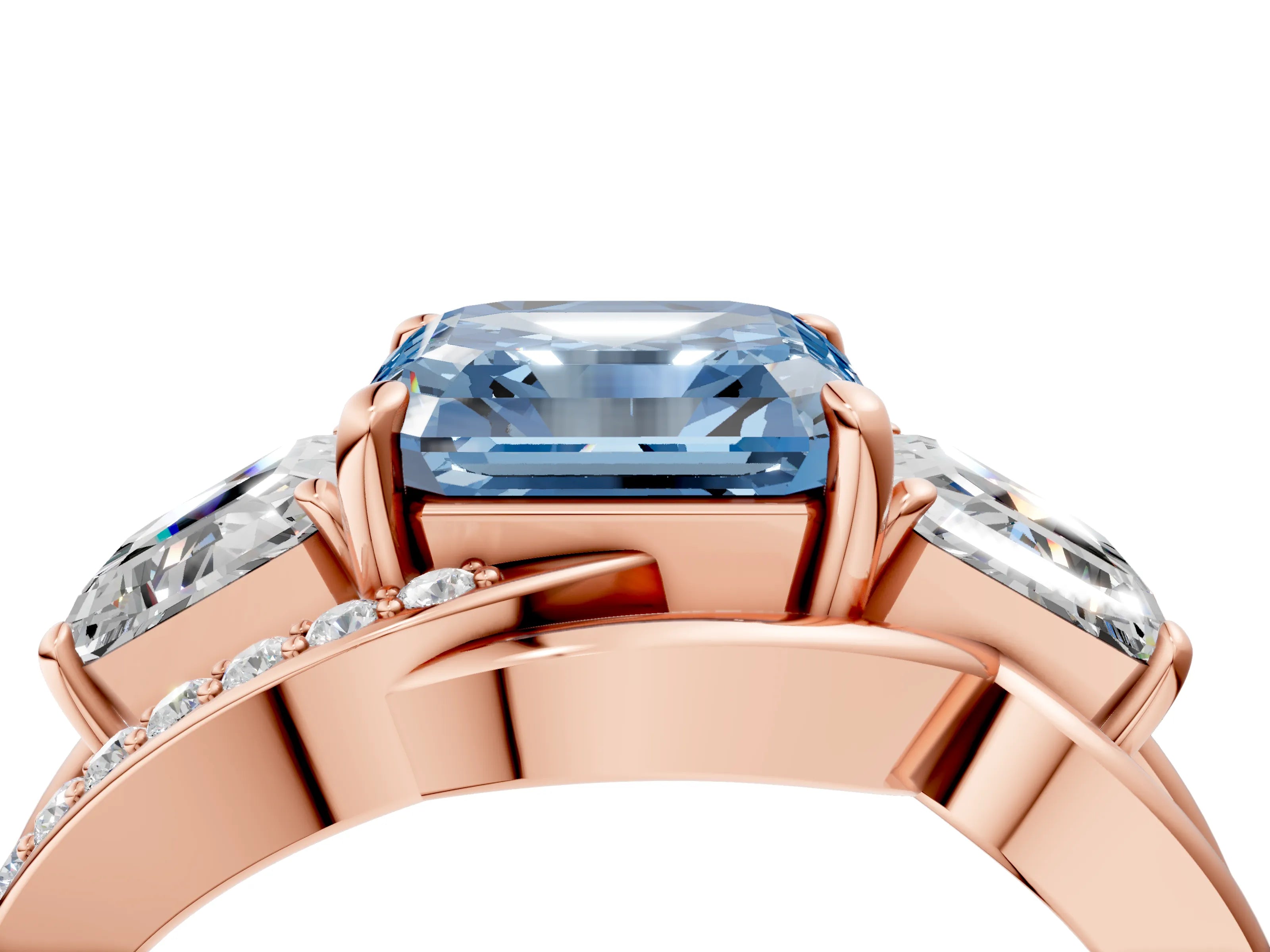 Rose gold Three-Stone Fancy Blue Asscher Cut Cut Diamond Split Shank Prong Set Ring_16