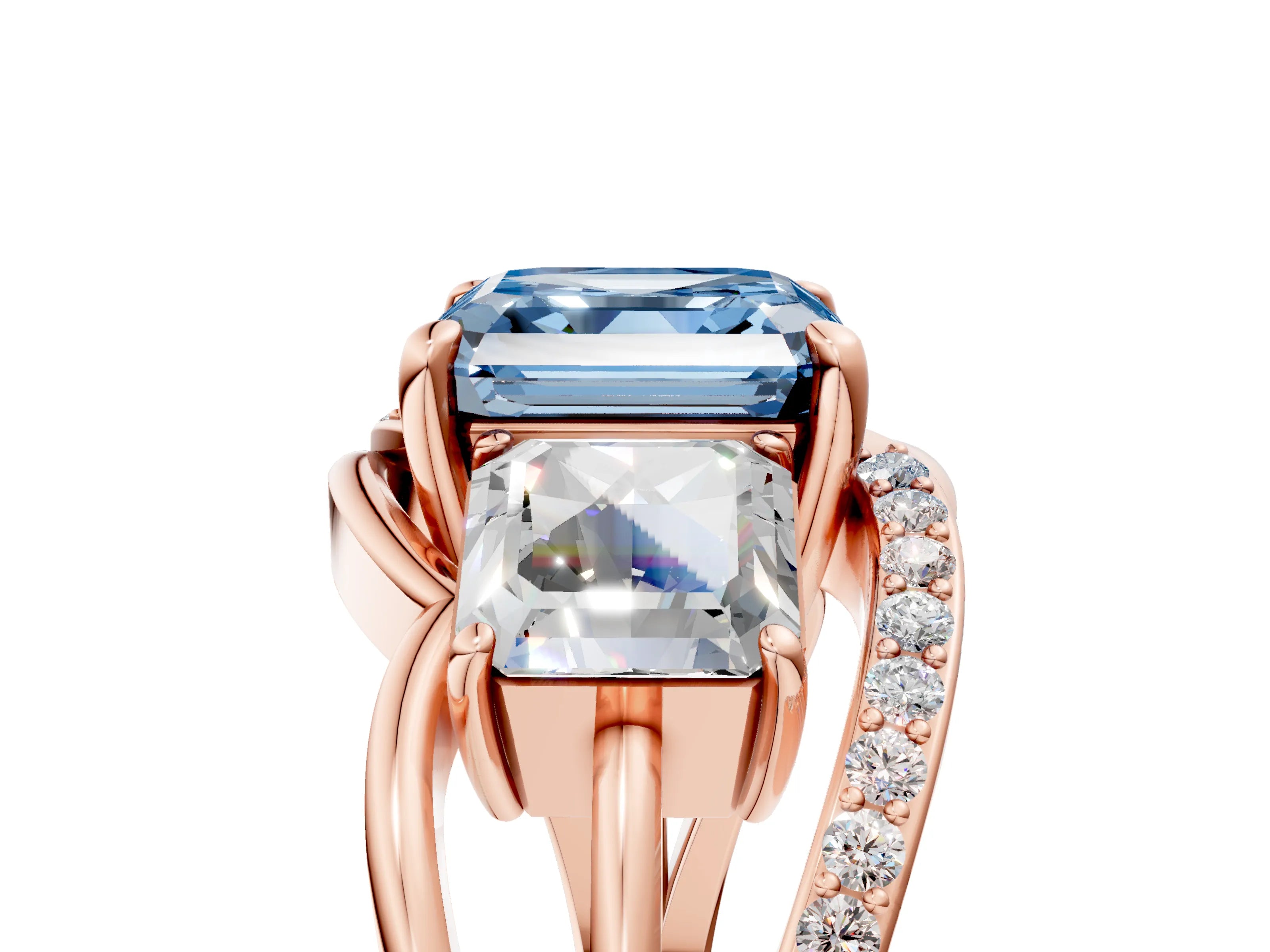 Rose gold Three-Stone Fancy Blue Asscher Cut Cut Diamond Split Shank Prong Set Ring_17